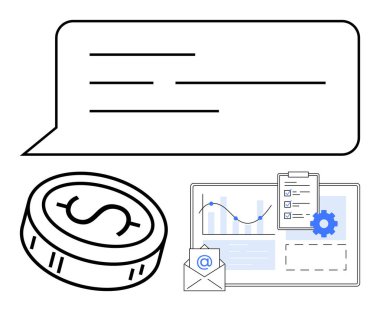 Message bubble with text lines, dollar coin, data charts with a checklist on a clipboard, and an envelope with email symbol. Ideal for finance, communication, business analytics, email marketing clipart