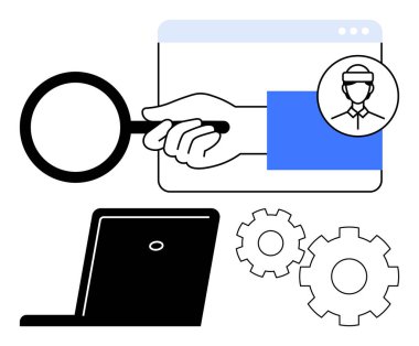 Kullanıcı profili, dizüstü bilgisayarı ve vitesli büyüteç penceresi. Çevrimiçi arama, profil değerlendirmesi, web, v09site analizleri, dijital pazarlama, bilişim desteği, kullanıcı yönetimi projesi için ideal