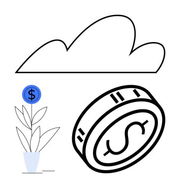 Yüzen paranın üzerinde dolar işareti olan bir bulut sembolü ve çömlekte dolar işareti olan bir çiçek. Fintech yenilikleri, ekonomik büyüme, dijital para birimi, bulut hizmetleri, iş yatırımları için ideal