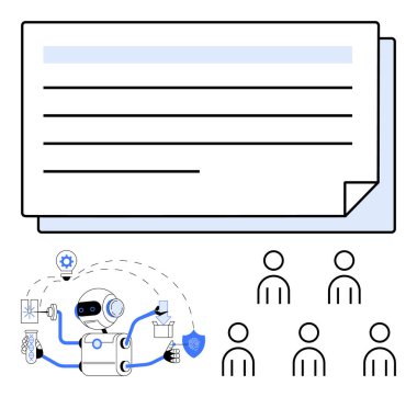 Çoklu kolları olan robot belgeler, altı insan figürü. Teknoloji, otomasyon, yapay zeka, insan etkileşimi, belge yönetimi, güvenlik ve yenilik için ideal. Satır metaforu