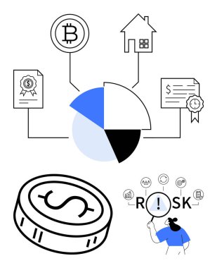 Kripto para birimi, gayrimenkul ve sertifikalarla dolu bir pasta grafiği. Büyük bir madeni para illüstrasyonu ve büyüteçle riski analiz eden biri. Finansal planlama ve yatırım için ideal