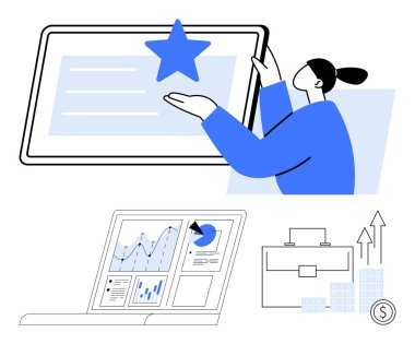 Bir tablette yıldız sunan iş kadını veri analizi, evrak çantası ve büyüme grafiklerini gösteren bir dizüstü bilgisayar. Ticari başarı, başarı, analitik, veri sunumu, büyüme kariyeri için ideal