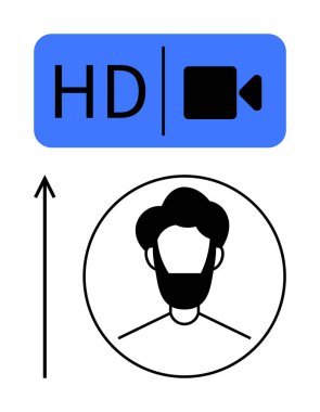 Video kamera oklu HD simgesi ve insan büstü ile daire çiz. Teknoloji, iletişim, medya, kullanıcı arayüzü, çevrimiçi varlık, dijital etkileşim, profil kurulumu için ideal. Satır metaforu