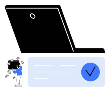 Uçan paralar, dev dizüstü bilgisayarlar ve doğrulama işaretleriyle çizilmiş cep telefonu cüzdanı ile para transfer eden bir adam. Finans, dijital işlemler, çevrimiçi bankacılık, e-ticaret, mali işlemler için ideal