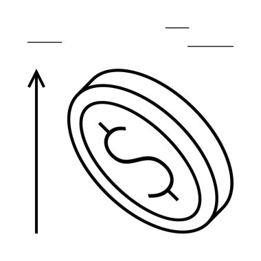 Bir dolar işareti ve yukarı doğru ok olan bozuk para. Finans, ekonomi, büyüme, başarı, yatırım, ticaret, zenginlik için idealdir. Satır metaforu