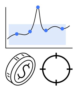 Veri noktaları, dolar parası ve hedefi olan bir çizgi grafiği. İş analizi, finansal planlama, piyasa araştırması, hedef belirleme, yatırım stratejisinin izlenmesi için ideal. Çizgi