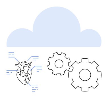 Bulutun altındaki iki dişlinin yanındaki kalp diyagramı. Sağlık, teknoloji, yenilik, veri analizi, bulut hesaplaması, tıp bilimi ve mühendislik için ideal. Satır metaforu