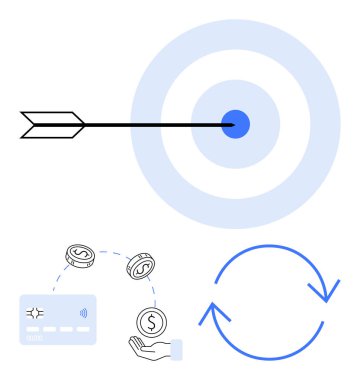 Ok mavi hedefi vuruyor, el ve kredi kartı arasında para aktarılıyor, ve dairesel oklar. Finans, iş stratejisi, tasarruf, hedefler, e-ticaret işlemleri bankacılığı için ideal. Çizgi