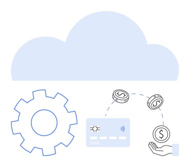 Bulut teknolojisi, teçhizat, kredi kartı, bozuk para ve el elementleriyle finansal işlemleri kolaylaştırıyor. Fintech, bulut hesaplama, dijital ödemeler, finans hizmetleri, e-ticaret için ideal