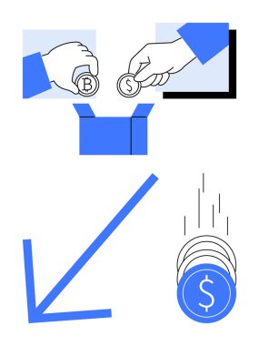 Dolar ve bitcoin işaretleriyle işaretlenmiş sikkeler aşağı doğru mavi bir ok ve bozuk paralarla bir kutuya atılıyor. Finans, yatırım, tasarruf, döviz kurları, kripto para birimi, ekonomi için ideal