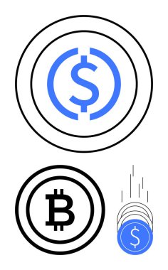 Mavi çemberde dolar işareti, siyah çemberde Bitcoin işareti, bozuk paralar düşüyor. Finans, kripto para birimi, dijital para birimi, ekonomi, çevrimiçi işlemler yatırım eğitim amaçları için ideal. Çizgi