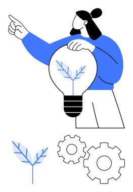 İçinde yaprak olan ampulü tutan kişi öne bakıyor. Aşağıda, küçük bir bitki ve dişli çarklar büyüme ve yeniliği temsil ediyor. Sürdürülebilirlik, yenilik, çevre dostu, yeşil enerji için ideal