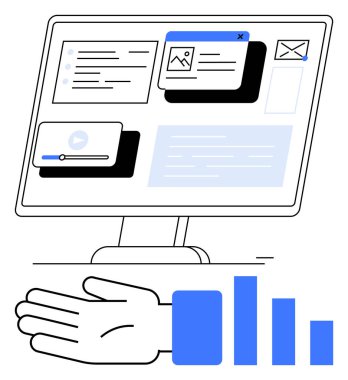 Masaüstü monitörü, el hareketi, dijital arayüz, çizelgeler ve pencereler. Teknoloji için ideal, bilgisayar arayüzü tasarımı, üretkenlik yazılımı, veri görselleştirme iletişim araçları dijital ortam