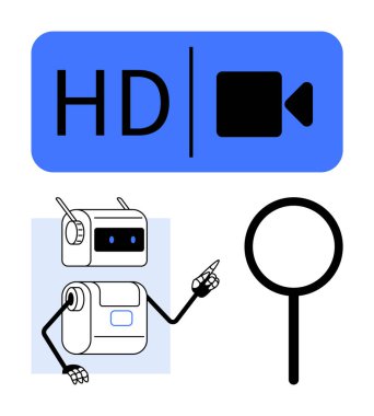 Robot HD video ikonu ve büyüteç gösteriyor. Teknoloji, yapay zeka, video kalitesi, arama, robot bilimi, dijital medya, yenilik temaları için ideal. Satır metaforu