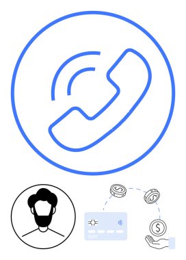Ses dalgalı telefon, kullanıcı profili, bozuk paralar, kredi kartı, el ödemesi. Ticari iletişim için ideal, müşteri desteği, temassız ödemeler, finansal işlemler dijital