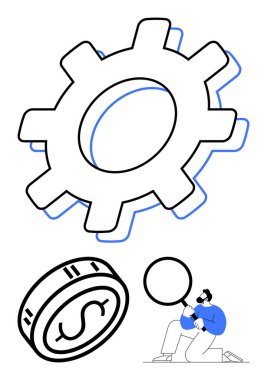 Giant gear, dollar coin, and man with magnifying glass. Ideal for business strategy, financial analysis, optimization, problem-solving, engineering technology and productivity. Line metaphor clipart