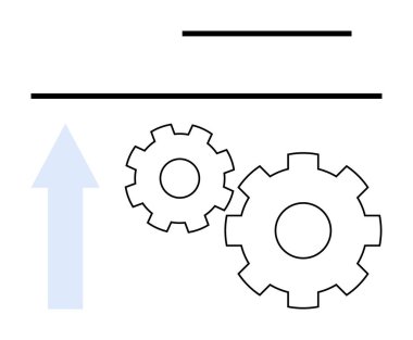 Birbirine bağlı iki vites ve yukarı doğru bir ok, dengeyi temsil eden yatay çizgiler eşliğinde ilerlemeyi gösteriyor. Mühendislik, verimlilik, büyüme, sanayi ve yenilik konuları için ideal