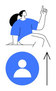 Parmağını yukarı kaldıran kişi, alttaki büyük avatar simgesi ve ikonun yanındaki yukarı doğru ok. Kişisel gelişim için ideal, kariyer büyümesi, ilerleme izleme, motivasyon, hedeflere ulaşmak, başarı