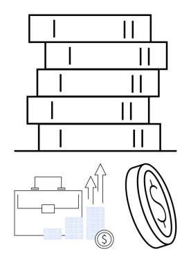 İş çantalı kitap yığını, yükselen eğilimi gösteren bar grafiği ve büyük para. Eğitim, finans, yatırım, iş büyümesi, ekonomik analiz, mali planlama ve pazar için ideal
