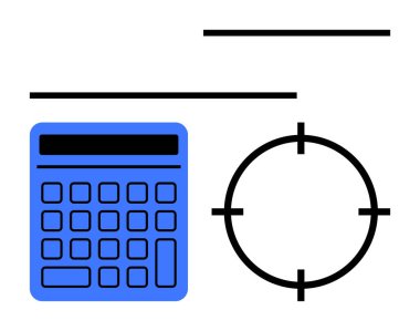Mavi hesap makinesi ve siyah hedef simgesi çizgilerle birbirine bağlı. Finansal planlama, bütçe, strateji, iş optimizasyonu, hassas görevler, veri analizi ve hedef belirleme için ideal. Çizgi