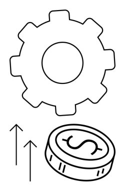 Gear with dollar coin and upward arrows representing economic growth, financial efficiency, and productivity. Ideal for finance, business strategy, economic development, marketing, investment growth clipart