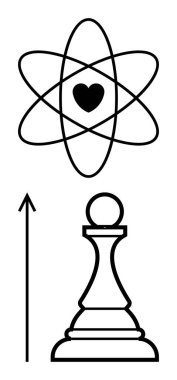 Atom yörüngesindeki kalp, piyon ve yukarı doğru ok üzerinde, aşk stratejisini, büyüme dönüşümünü, hırsı, hareketi, birliği simgeliyor. Romantizm, bilim, satranç, ilerleme ve liderlik konuları için ideal