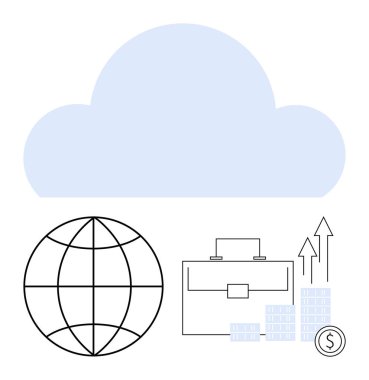 Dünyanın üzerinde bulut simgesi, evrak çantası, artan bozuk para yığınları, harita oku ve para birimi sembolü. İş stratejisi için ideal, küresel pazar, veri depolama, finansal büyüme ekonomik eğilimleri dijital