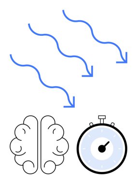 Brain stopwatch and descending arrows. Ideal for concepts of time management, productivity, brain function, efficiency, workflow, mental processes, deadlines. Line metaphor clipart