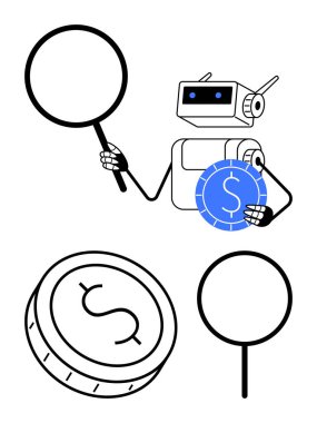 Robot, elinde büyüteç ve kripto para ile finansal analizi ve teknolojiyi sembolize ediyor. Fintech, yatırımlar, teknoloji, yenilik, dijital para birimi, otomasyon, iş için ideal