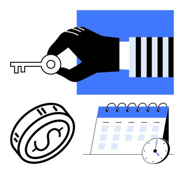 Eldivenli el anahtarı, dolar işareti olan bozuk para, saatli takvim. Finans, programlama, zaman yönetimi, planlama, yatırımlar iş stratejisi ve son teslim tarihleri için ideal. Satır metaforu