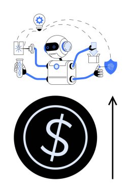 Teknoloji yeniliği, finans ve korumayı sembolize eden çeşitli araçlara sahip robot. Finansal büyüme, otomasyon, teknoloji ilerlemesi, yenilik, ekonomik ilerleme, iş için ideal