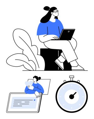 Laptop kullanan kadın dışarıda oturuyor. Tablet kronometreden kitap okuyor. Üretkenlik, zaman yönetimi, uzaktan çalışma, dijital okuma, çevrimiçi öğrenme, çoklu görev, verimlilik için idealdir. Çizgi