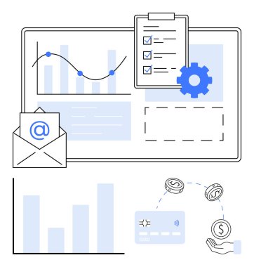 Çizgi çizelgesi, bar çizelgesi, e-posta, kontrol listesi, dişli, kredi kartı, para ve el ile iş analizi paneli. Finans projesi yönetim pazar analizi için ideal iş geliştirme verileri