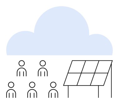 Cloud symbol six human figures, solar panel. Ideal for renewable energy, cloud technology, sustainability, community projects, solar power, green energy, innovation. Line metaphor clipart