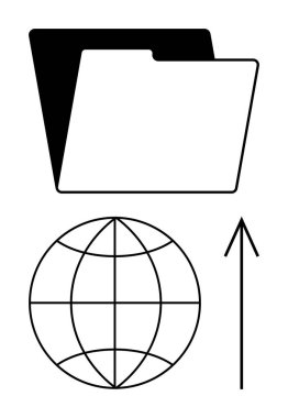 Dizin, küre ve yukarı doğru ok veri transferini ve dosya paylaşımını simgeliyor. Küresel bağlantı, bulut depolama, dijital iletişim, web, v10 hizmetleri, çevrimiçi güvenlik, ağ oluşturma için ideal