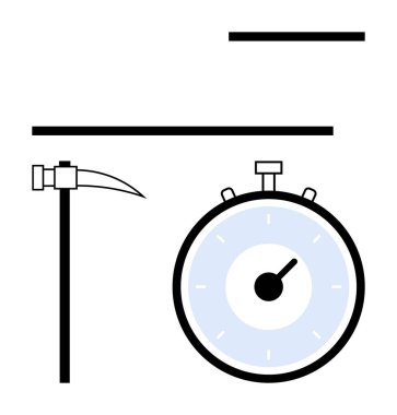 Kazma kronometresi üst ve alt yatay çubuklarla kesişiyor. Madencilik, zaman yönetimi, iş verimliliği, verimlilik, işçilik, endüstri ve ölçüm için ideal. Satır metaforu