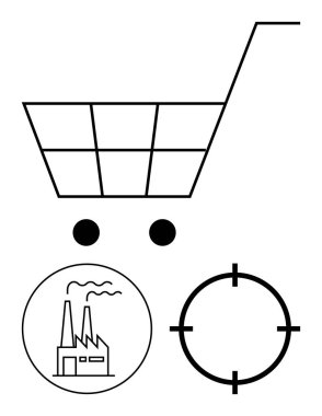 Shopping cart outline above factory icon and target symbol represents supply chain sourcing and industrial processes. Ideal for business strategy, procurement, manufacturing goals, supply chain clipart