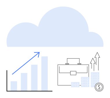 Yükselen bir ok, bulut deposu, evrak çantası ve maddi büyümeyi tasvir etmek için para ve ok yığınları olan büyüme tablosu. İş için ideal, bulut hesaplama, finans, veri analizi, yatırım