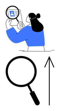 Kadın büyüteçle bir belgeyi dikkatlice inceliyor. Büyük büyüteç ve yukarı doğru ok. Araştırma, teftiş, analiz, büyüme, ilerleme, inceleme ve geliştirme için ideal