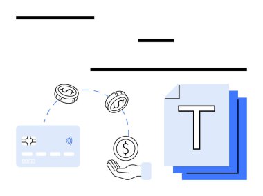 Kredi kartı, el ve dolar bozukluklarıyla etkileşime giriyor. Büyük harfli mavi belgeler. Finans, dijital ödemeler, bankacılık, işlemler, online alışveriş, finansal uygulamalar için ideal. Satır metaforu