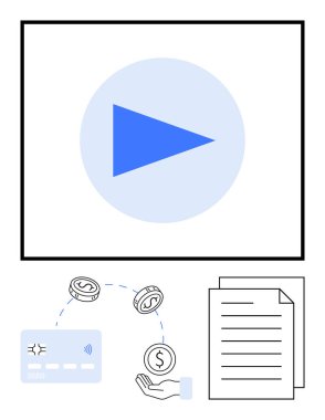 Mavi oyun tuşu, ödeme sinyalli kredi kartı, elle para değişimi ve belgeler. Finansal rehberler, çevrimiçi öğretiler, eğitim içeriği, dijital bankacılık, para yönetimi için ideal