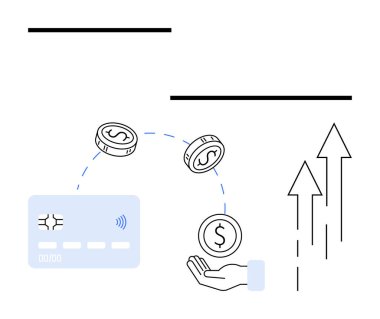 Kredi kartı, el para alımı ve finansal büyüme ve dijital işlemleri temsil eden yukarı doğru oklar. Bankacılık, e-ticaret, fintech, finansal büyüme, çevrimiçi işlemler, dijital işlemler için ideal