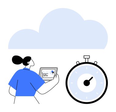 Kadın bulut sembollü bir tableti inceliyor, yakınlardaki kronometre zaman verimliliğini ve dijital analizi temsil ediyor. Teknoloji, bulut hesaplama, veri yönetimi, zaman izleme ve dijital için ideal