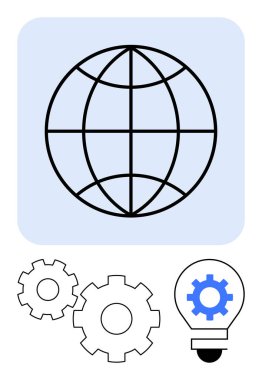 Küresel erişimi temsil eden küre, mekanik süreçleri sembolize eden birbirine bağlı vitesler, ve yenilikleri gösteren dişli bir dişli ampul. Teknoloji, küresel iş ve mühendislik için ideal