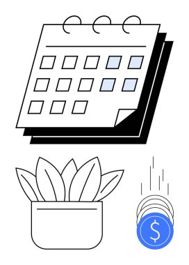 Calendar with highlighted dates, a potted plant, and coins. Ideal for finance, productivity, time management, investments, deadlines organization financial growth. Line metaphor clipart