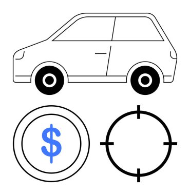 Mavi bir madeni para ve siyah bir hedef sembolünün yanında araç fiyatlandırmasını ve planlamanın doğruluğunu gösteren bir taslak. Otomotiv işi, maliyet tahmini, mali planlama ve bütçe için ideal