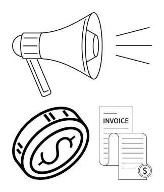 Ses yayan megafon, bozuk para ve dolar işaretli fatura. Ticari pazarlama, mali raporlar, iletişim stratejileri, ekonomik analiz, para politikası, reklamcılık için ideal