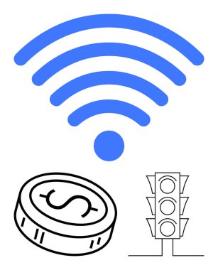 Paranın üstünde dolar işareti ve trafik ışığı olan kablosuz sinyal sembolü. Finans, teknoloji, internet, kablosuz iletişim, akıllı şehirler, ağ kontrolü, çevrimiçi işlemler için ideal. Bağlantı