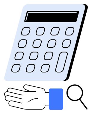 Calculator, hand, and magnifying glass. Ideal for accounting, calculation, analysis, financial management, assistance evaluation financial support Line metaphor clipart