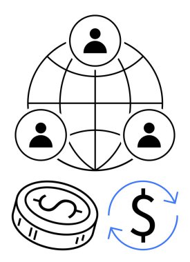 Üç kullanıcı simgesine bağlı bir dünya dolar işaretli bir bozuk para ve dairesel oklu bir dolar sembolü. Küresel iş, finans, ağ, ekonomi, döviz kurları ve ekomünikasyon için ideal